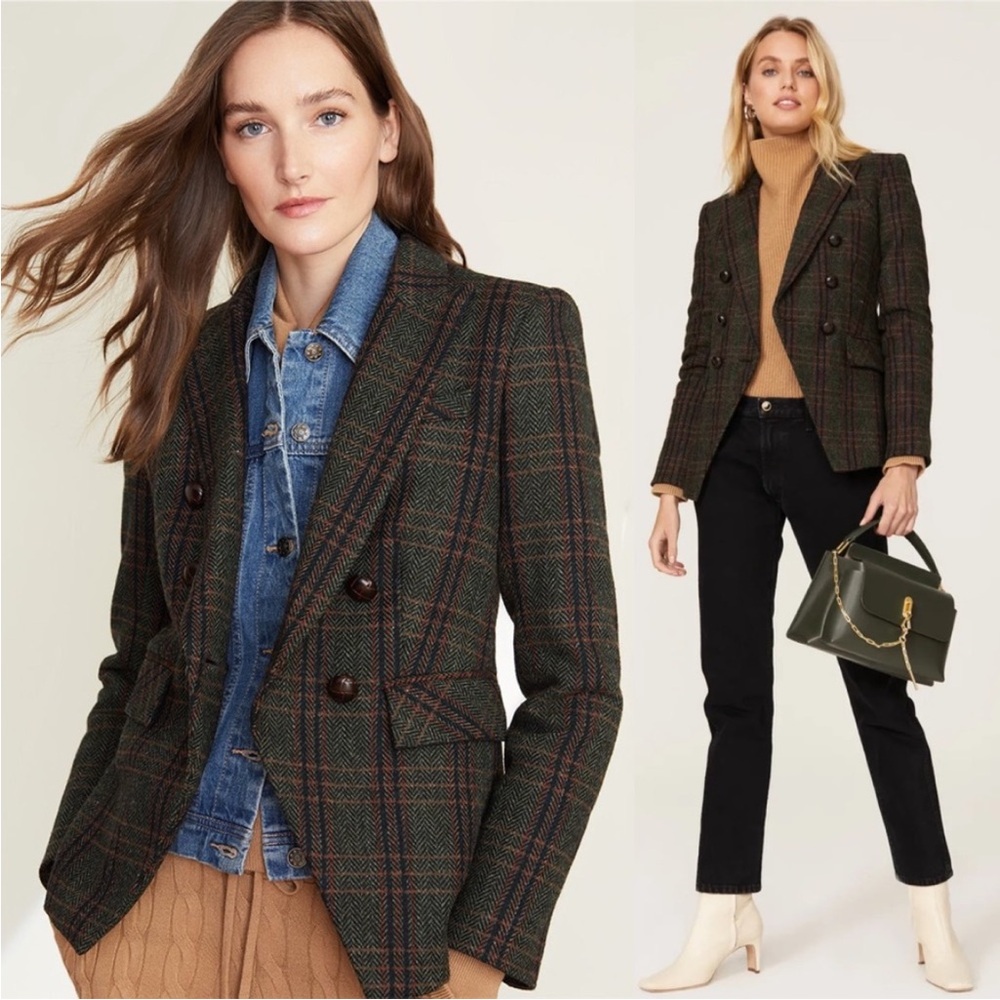 $798 Veronica Beard Miller Herringbone Plaid Dickey Jacket Forest Green sz 4